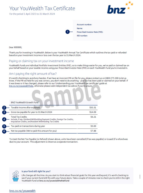 BNZ YouWealth Tax Certificate Example 2024